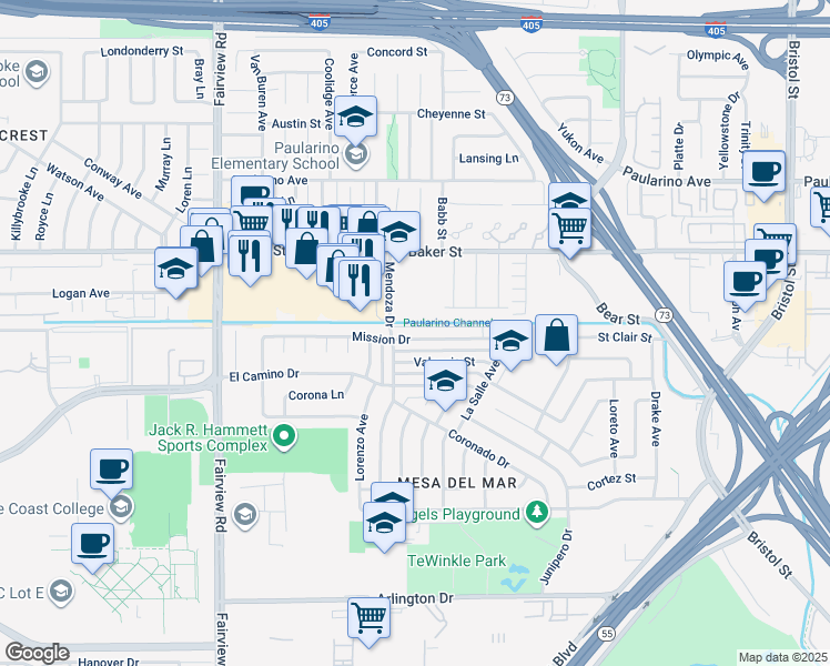 map of restaurants, bars, coffee shops, grocery stores, and more near 1030 Mission Drive in Costa Mesa