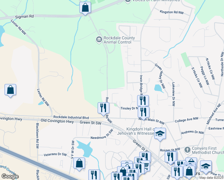 map of restaurants, bars, coffee shops, grocery stores, and more near 1262 Harvell Street Northwest in Conyers