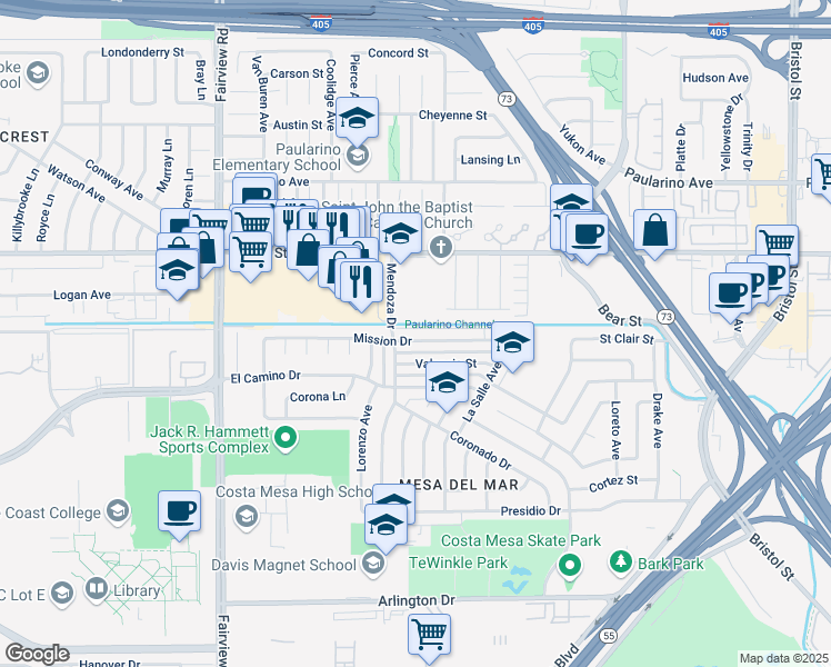 map of restaurants, bars, coffee shops, grocery stores, and more near 1030 Mission Drive in Costa Mesa