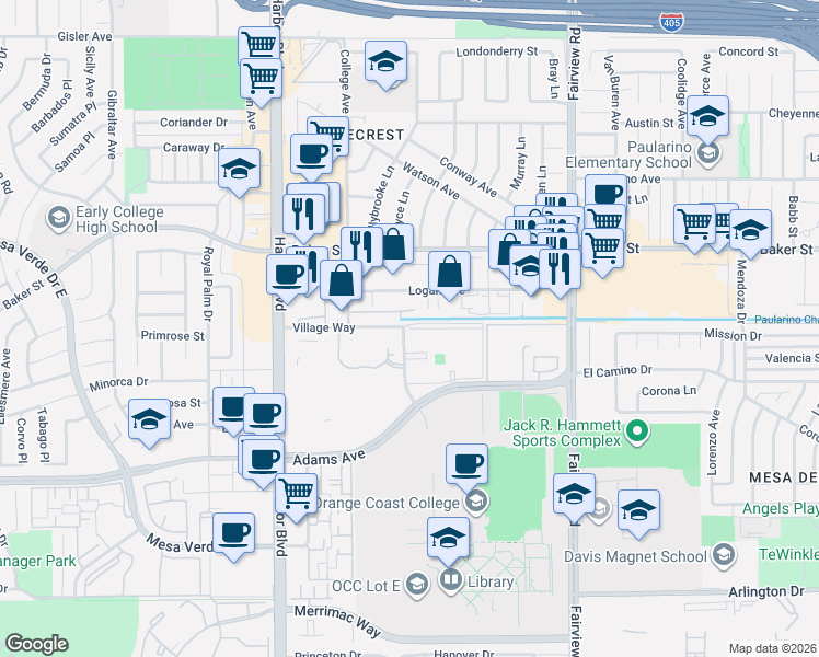 map of restaurants, bars, coffee shops, grocery stores, and more near Village Way in Costa Mesa