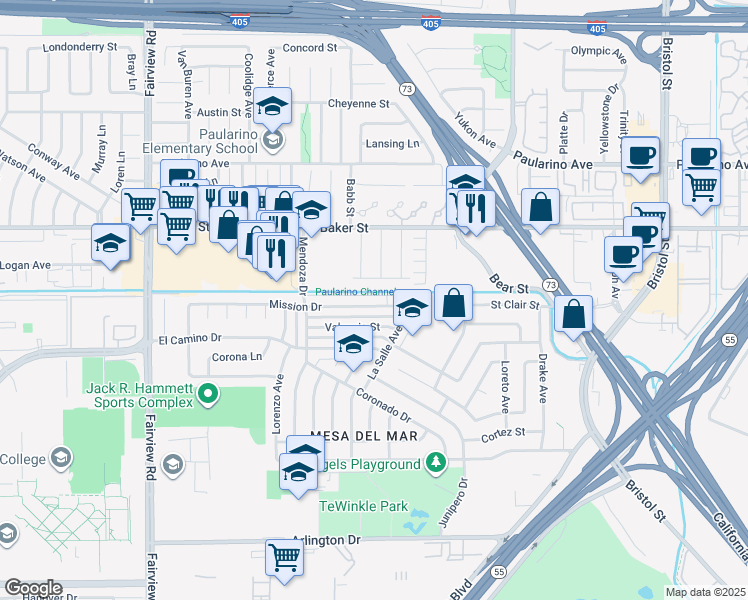 map of restaurants, bars, coffee shops, grocery stores, and more near 995 Post Road in Costa Mesa