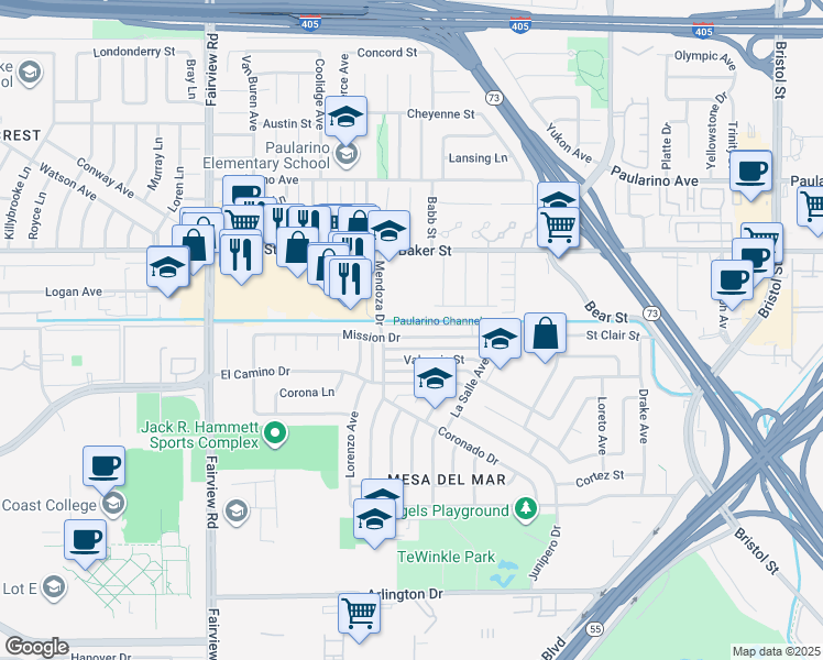 map of restaurants, bars, coffee shops, grocery stores, and more near 1024 Mission Drive in Costa Mesa