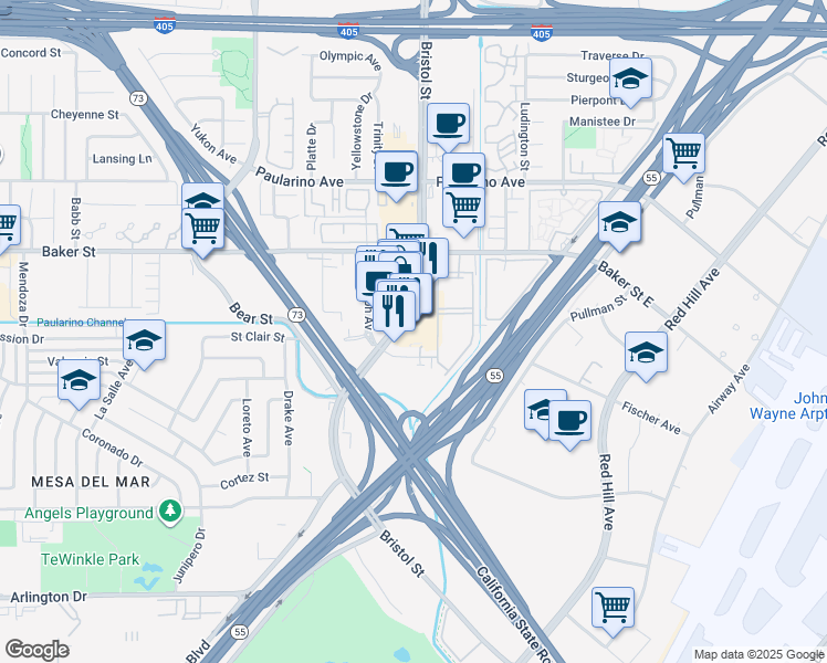 map of restaurants, bars, coffee shops, grocery stores, and more near 2937 Bristol Street in Costa Mesa