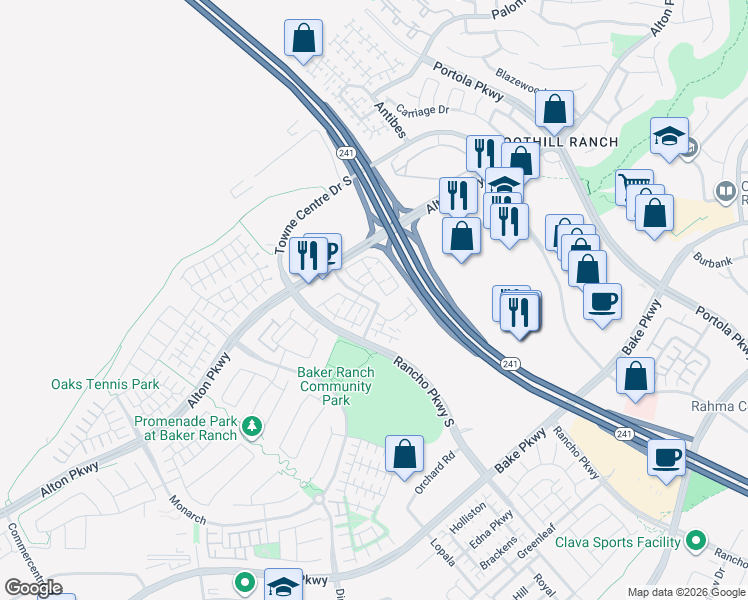 map of restaurants, bars, coffee shops, grocery stores, and more near 500 Sunflower in Lake Forest