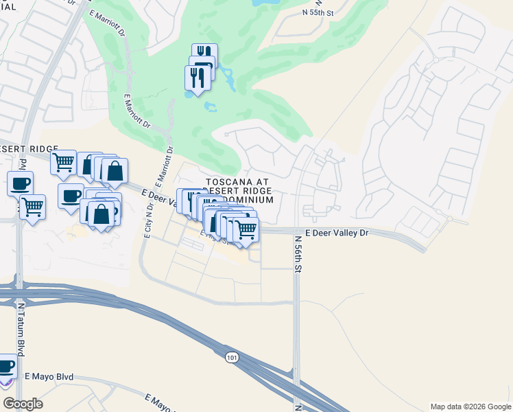 map of restaurants, bars, coffee shops, grocery stores, and more near 5550 East Deer Valley Drive in Phoenix
