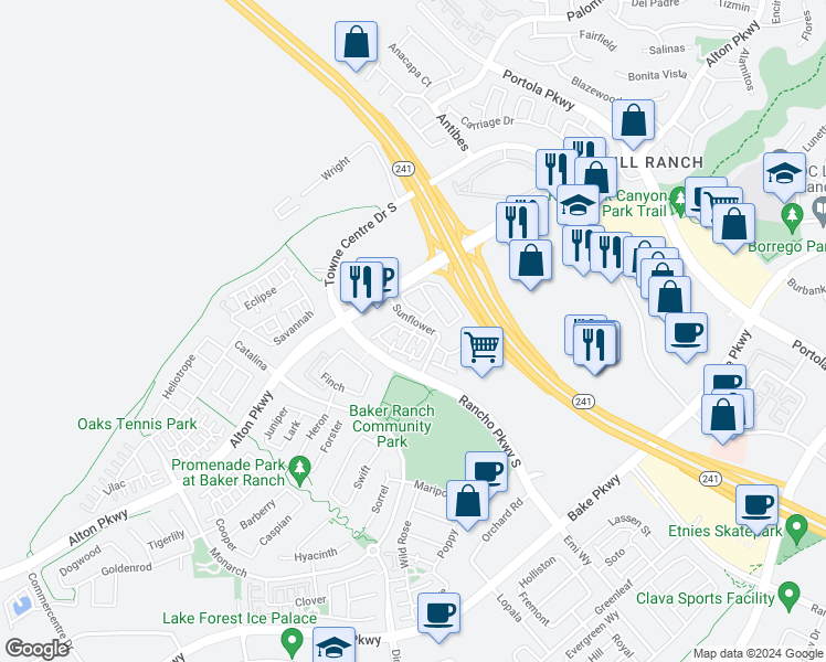 map of restaurants, bars, coffee shops, grocery stores, and more near Lupine in Lake Forest