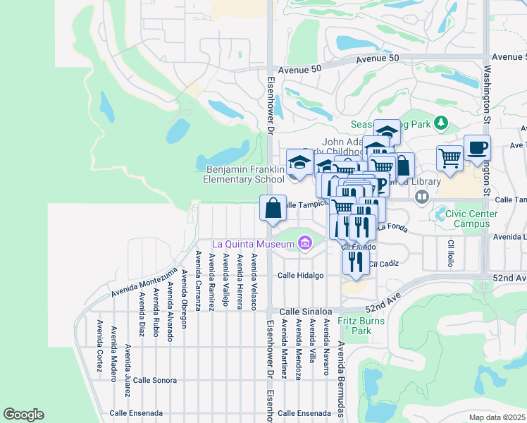 map of restaurants, bars, coffee shops, grocery stores, and more near 51049 Eisenhower Drive in La Quinta