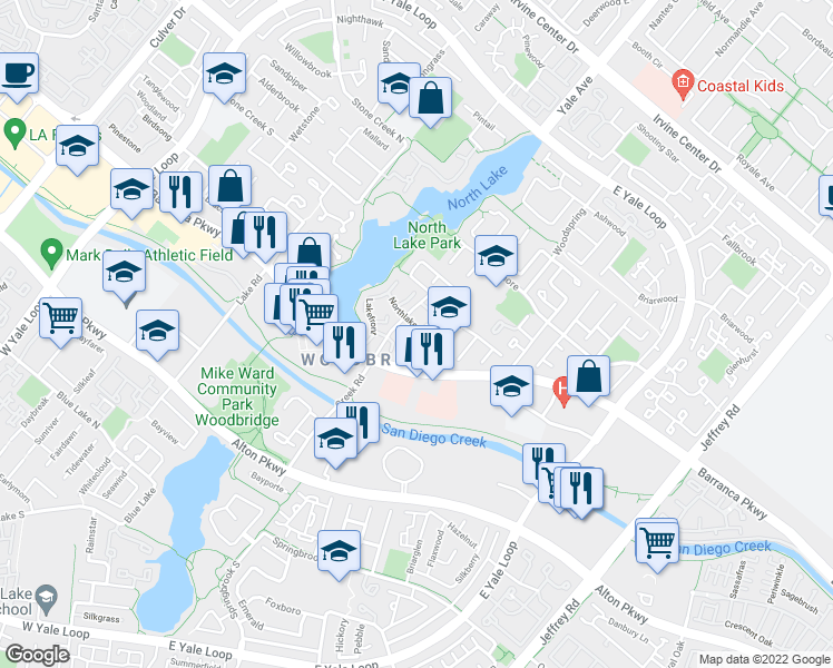 map of restaurants, bars, coffee shops, grocery stores, and more near 9 Northlake in Irvine