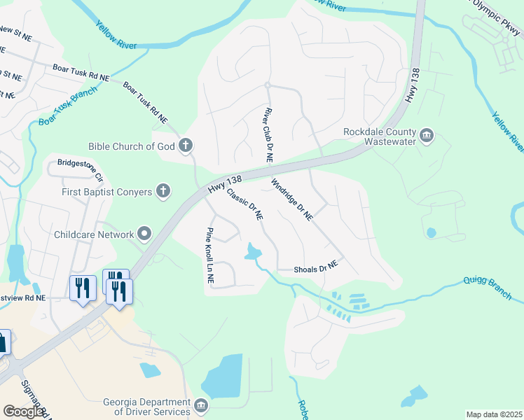 map of restaurants, bars, coffee shops, grocery stores, and more near 1325 Classic Drive Northeast in Conyers