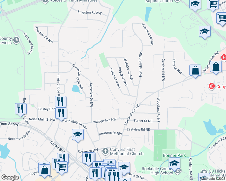 map of restaurants, bars, coffee shops, grocery stores, and more near 1304 South Hicks Circle Northwest in Conyers