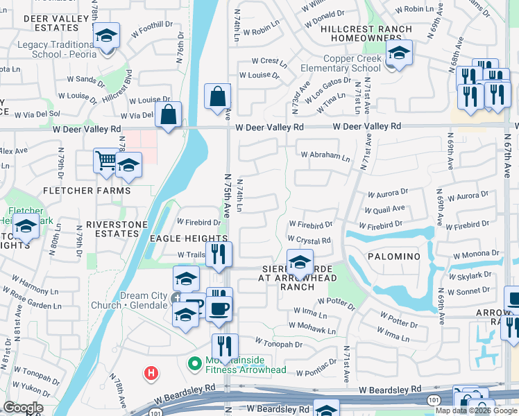 map of restaurants, bars, coffee shops, grocery stores, and more near 7415 West Aurora Drive in Glendale