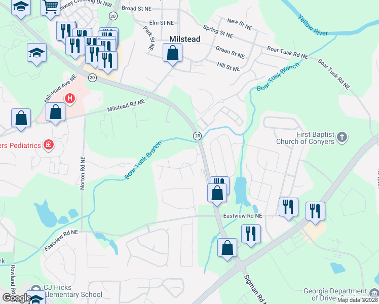 map of restaurants, bars, coffee shops, grocery stores, and more near 1180 Sigman Road Northeast in Conyers