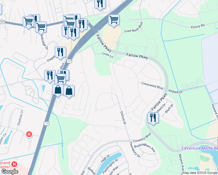 map of restaurants, bars, coffee shops, grocery stores, and more near 1449 Suncrest Drive in Myrtle Beach