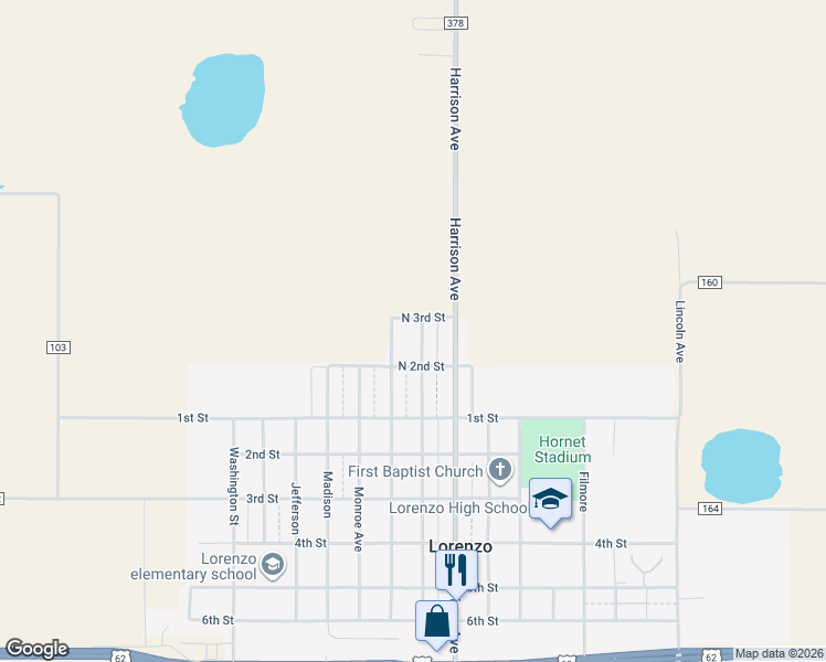 map of restaurants, bars, coffee shops, grocery stores, and more near North 3rd Street in Lorenzo