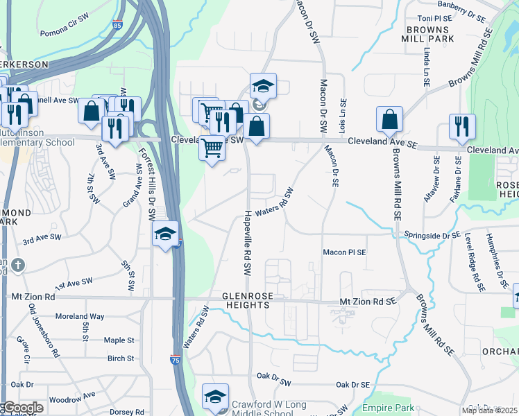 map of restaurants, bars, coffee shops, grocery stores, and more near 2828 Hapeville Road Southwest in Atlanta