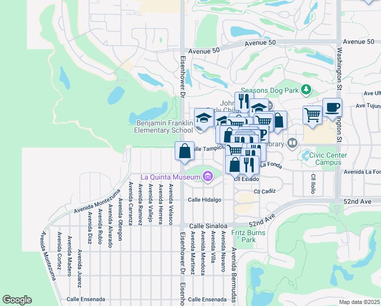 map of restaurants, bars, coffee shops, grocery stores, and more near 77777 Calle Tampico in La Quinta