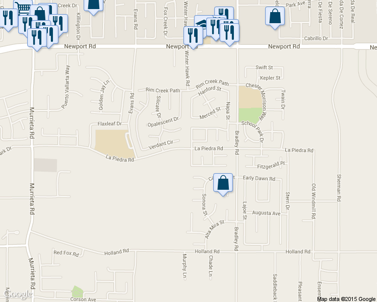map of restaurants, bars, coffee shops, grocery stores, and more near 30517 Pine Creek Drive in Menifee