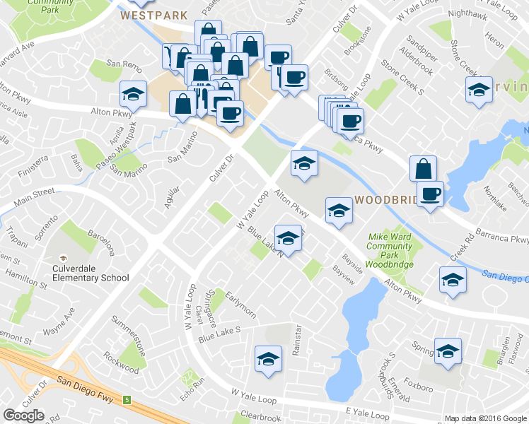 map of restaurants, bars, coffee shops, grocery stores, and more near 19 Thunder Trail in Irvine