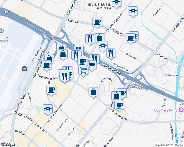 map of restaurants, bars, coffee shops, grocery stores, and more near 18100 Von Karman Avenue in Irvine