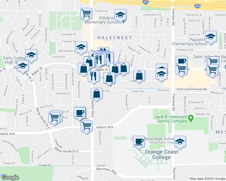 map of restaurants, bars, coffee shops, grocery stores, and more near 1380 Village Way in Costa Mesa