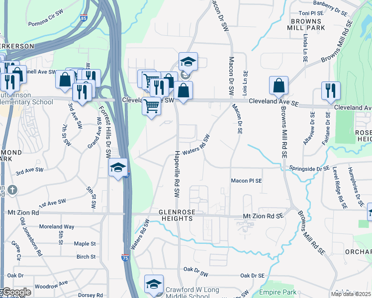 map of restaurants, bars, coffee shops, grocery stores, and more near 2828 Hapeville Road Southwest in Atlanta