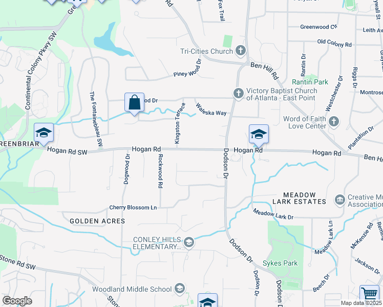 map of restaurants, bars, coffee shops, grocery stores, and more near 2790 Hogan Road in East Point