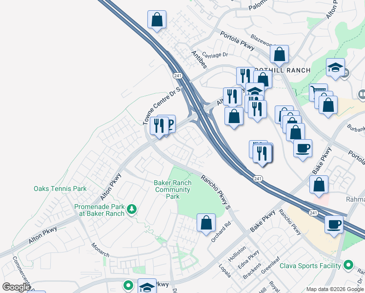 map of restaurants, bars, coffee shops, grocery stores, and more near 1300 Lupine in Lake Forest