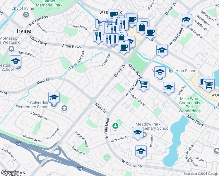 map of restaurants, bars, coffee shops, grocery stores, and more near in Irvine