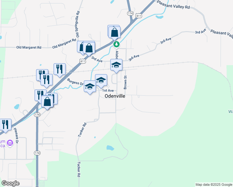 map of restaurants, bars, coffee shops, grocery stores, and more near 501 Alabama Street in Odenville