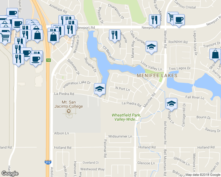 map of restaurants, bars, coffee shops, grocery stores, and more near 28543 North Port Lane in Menifee