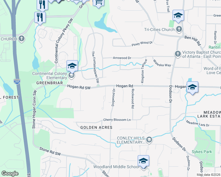map of restaurants, bars, coffee shops, grocery stores, and more near 2960 Hogan Road in East Point