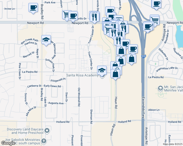 map of restaurants, bars, coffee shops, grocery stores, and more near 30361 Sherman Road in Menifee