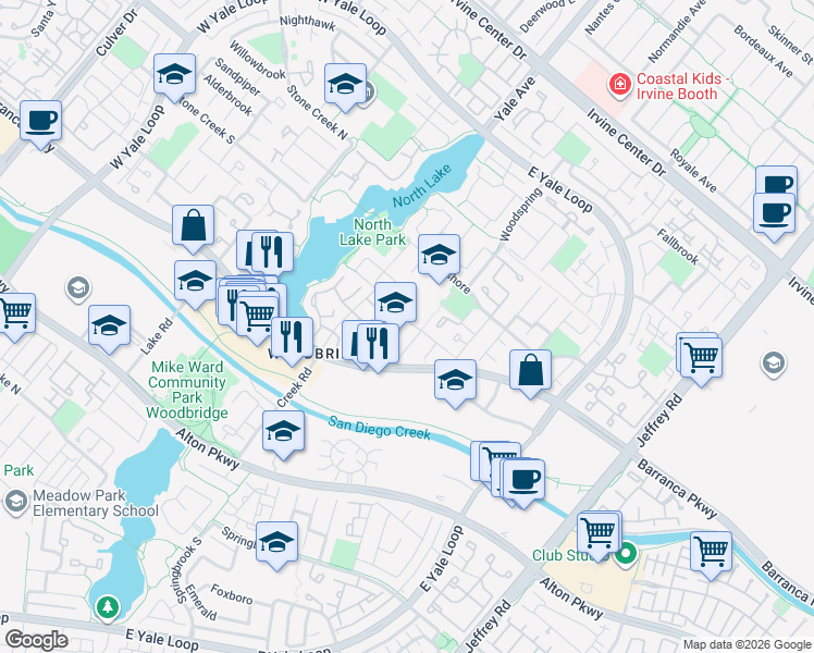 map of restaurants, bars, coffee shops, grocery stores, and more near 1 Silver Fir in Irvine