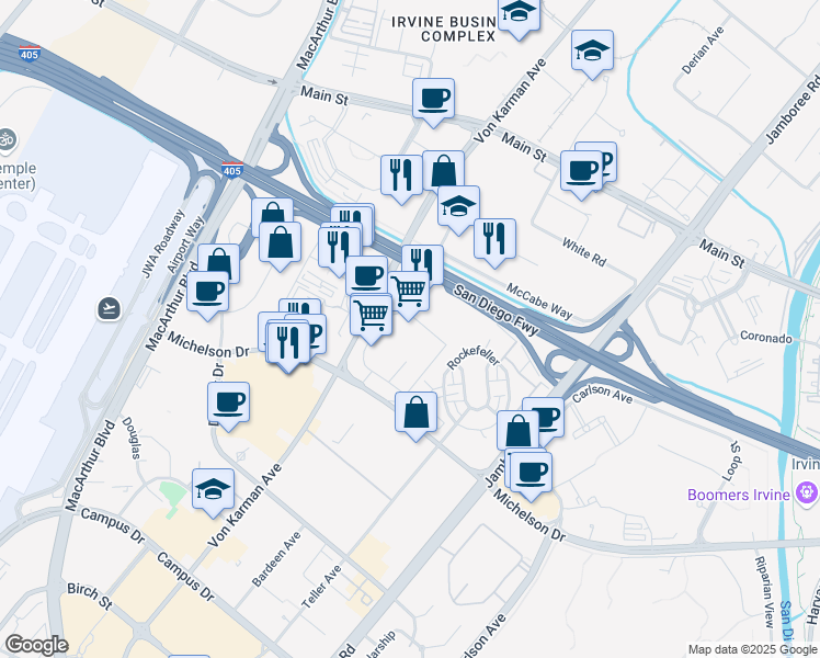 map of restaurants, bars, coffee shops, grocery stores, and more near 18100 Von Karman Avenue in Irvine