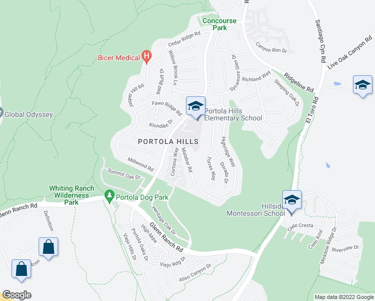 map of restaurants, bars, coffee shops, grocery stores, and more near 28551 Malabar Rd in Lake Forest