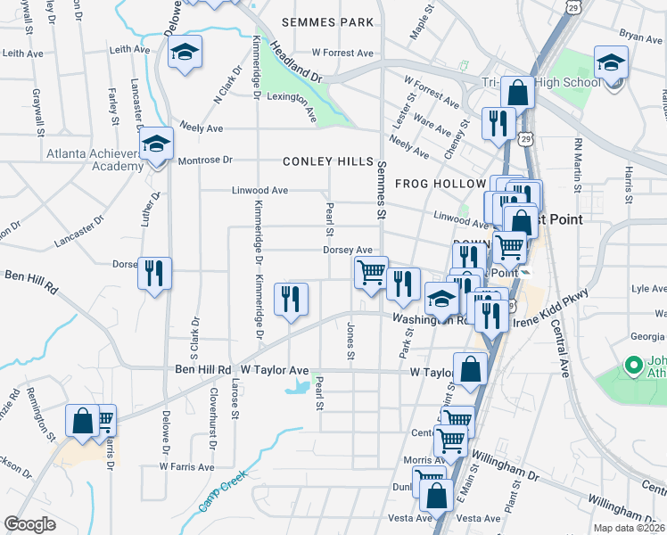 map of restaurants, bars, coffee shops, grocery stores, and more near 1870 Dorsey Avenue in East Point