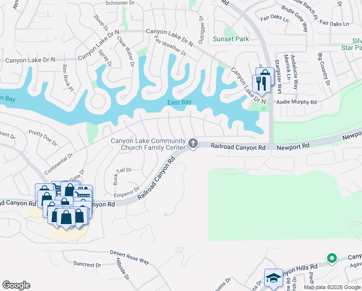 map of restaurants, bars, coffee shops, grocery stores, and more near 23845 Cruise Circle Drive in Canyon Lake