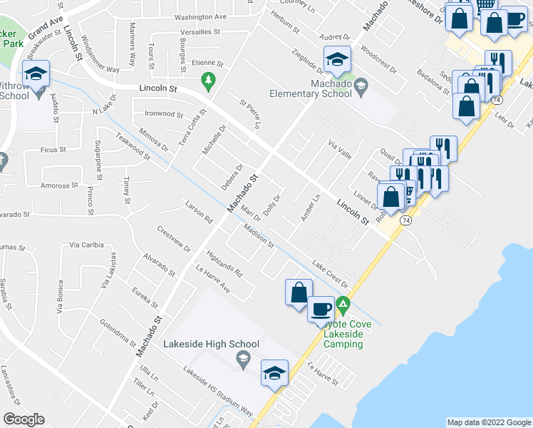 map of restaurants, bars, coffee shops, grocery stores, and more near 901 Dolly Drive in Lake Elsinore
