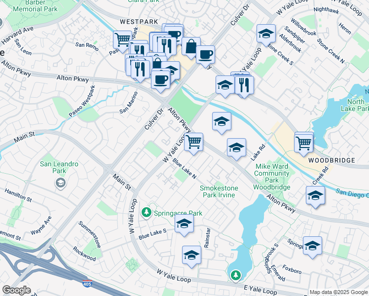 map of restaurants, bars, coffee shops, grocery stores, and more near 19 Thunder Trail in Irvine