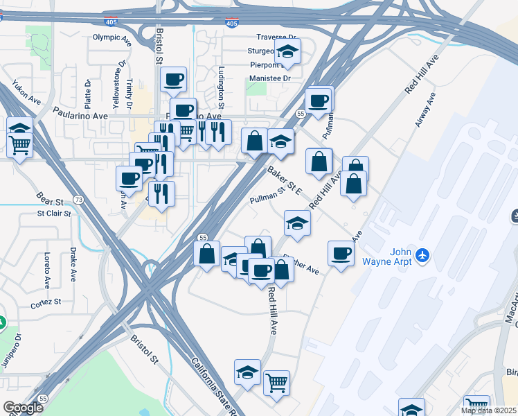map of restaurants, bars, coffee shops, grocery stores, and more near 3150 Pullman Street in Costa Mesa