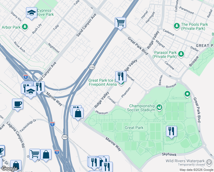 map of restaurants, bars, coffee shops, grocery stores, and more near 110 Copeland in Irvine
