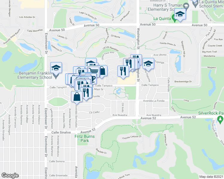map of restaurants, bars, coffee shops, grocery stores, and more near 78-495 Calle Tampico in La Quinta