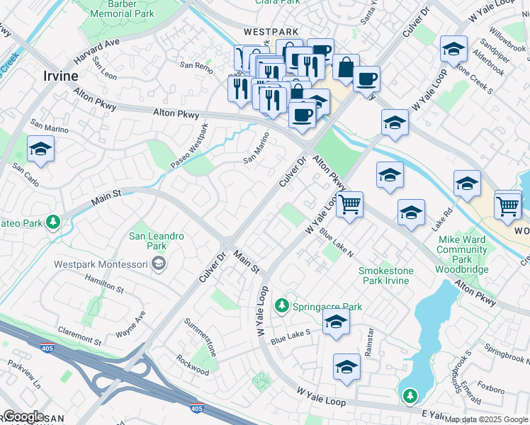 map of restaurants, bars, coffee shops, grocery stores, and more near 56 Windjammer in Irvine