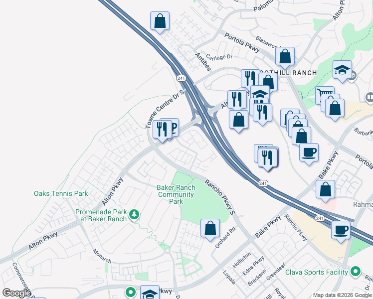map of restaurants, bars, coffee shops, grocery stores, and more near 1100 Lupine in Lake Forest