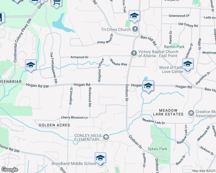 map of restaurants, bars, coffee shops, grocery stores, and more near 2790 Hogan Road in East Point