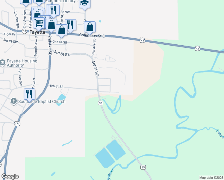 map of restaurants, bars, coffee shops, grocery stores, and more near 800-816 7 Th Avenue Southeast in Fayette