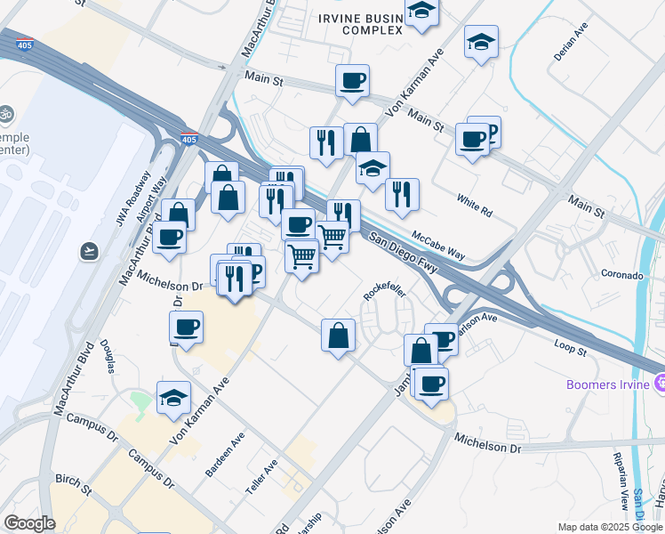 map of restaurants, bars, coffee shops, grocery stores, and more near 18100 Von Karman Avenue in Irvine