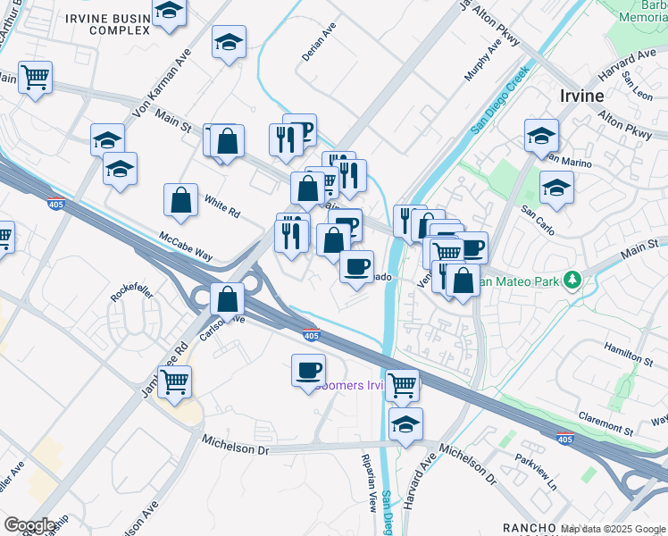 map of restaurants, bars, coffee shops, grocery stores, and more near 5 Park Plaza in Irvine