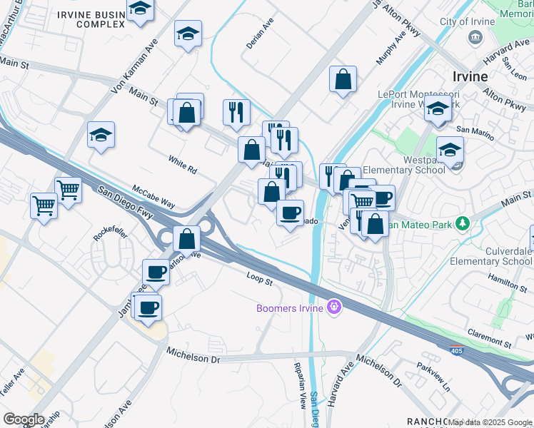 map of restaurants, bars, coffee shops, grocery stores, and more near 5 Park Plaza in Irvine