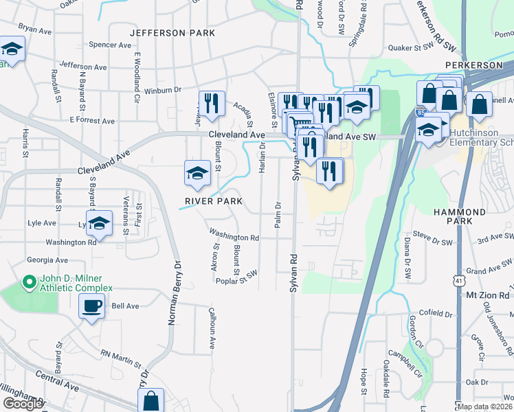 map of restaurants, bars, coffee shops, grocery stores, and more near 2837 Harlan Drive in East Point